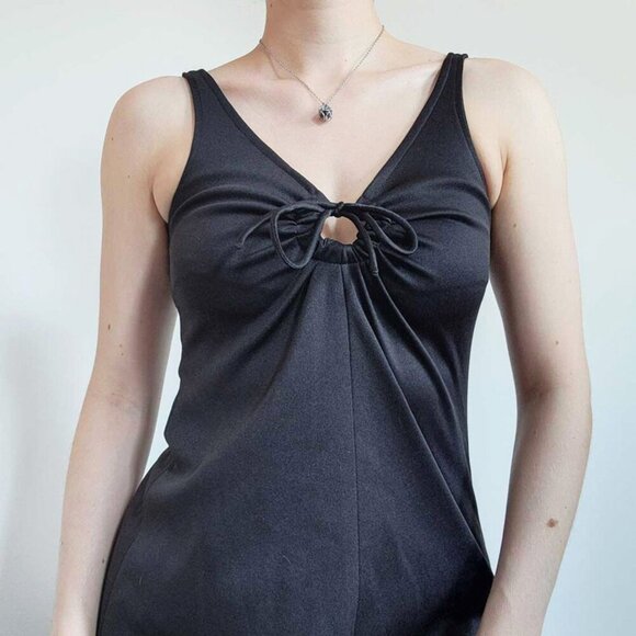 Vintage 90s babydoll empire waist halter black maxi dress with front bow closure - Picture 16 of 16